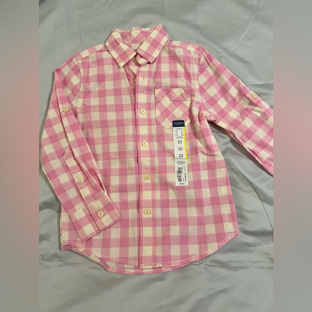 Boys Arizona pink check long sleeve button down. NWT. Size XXS 4/5